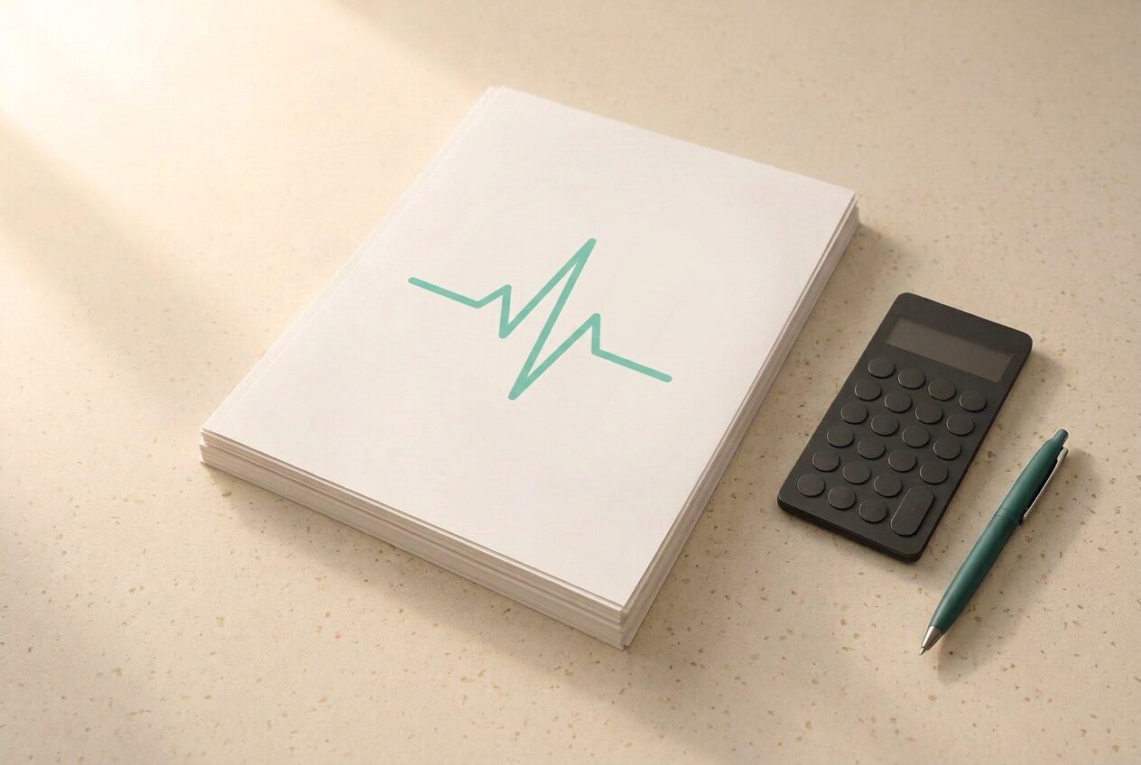 A teal heartbeat pulse line printed across a stack of blank documents beside a slim calculator, lit by warm morning light
